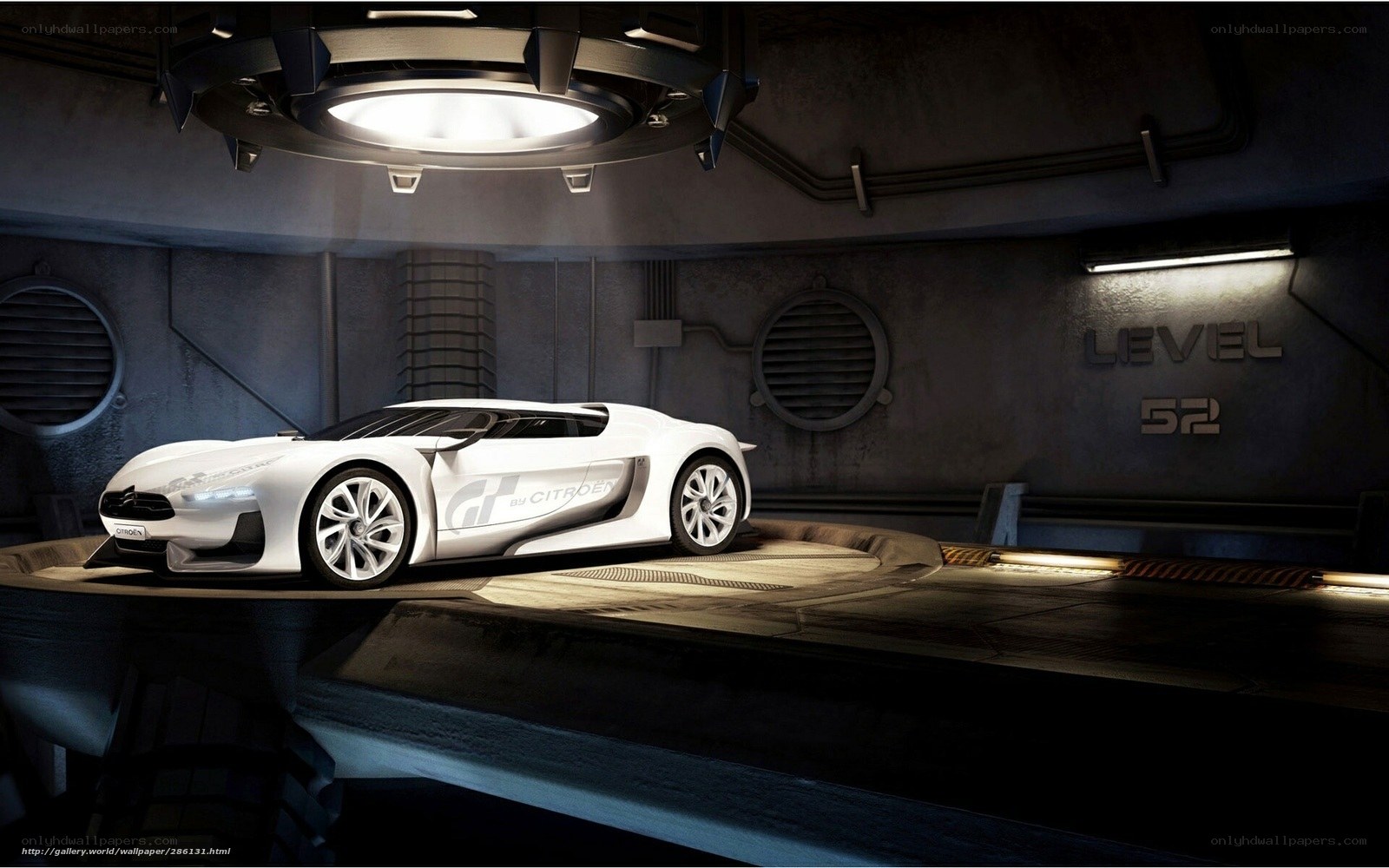 White concept car in futuristic garage