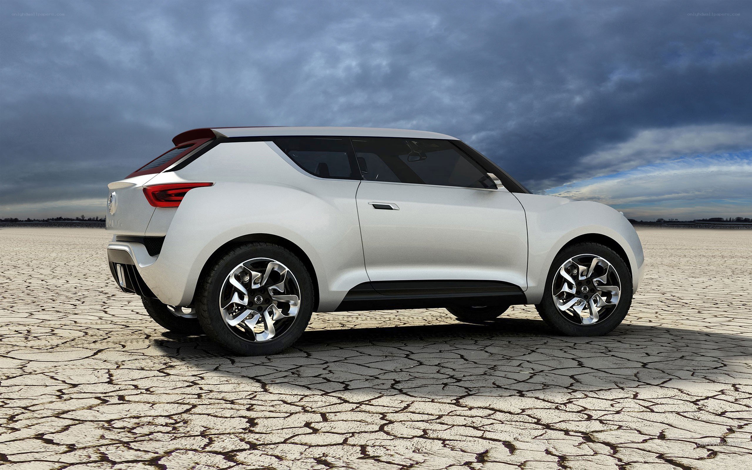 white concept car on cracked ground