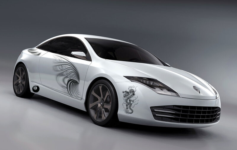 white concept car with dragon design