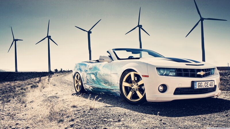 White Convertible Car — Dramatic, Afternoon, Photograph, Wind Turbines