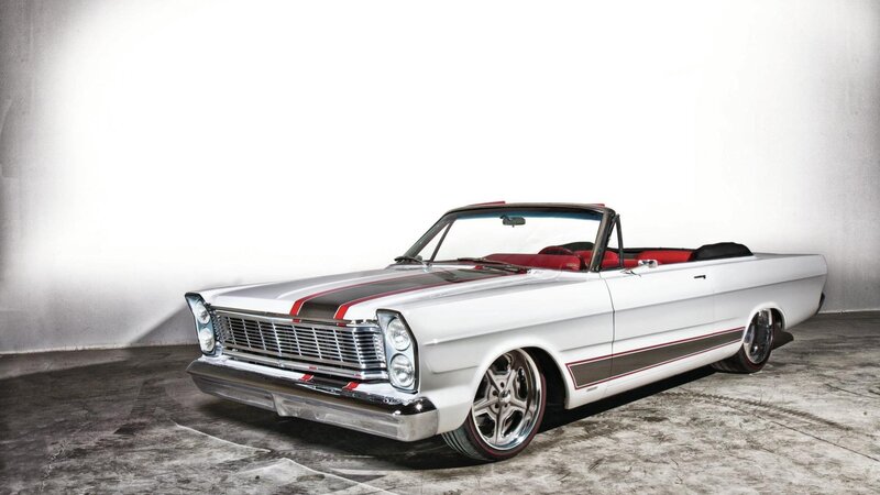 White Convertible Car — Dramatic, Photograph, Red Interior, Chrome Wheels, Stripes