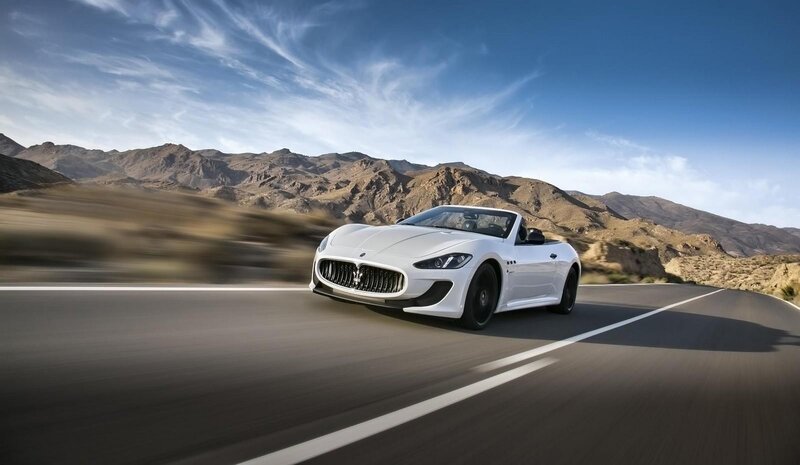White Convertible Car — Dynamic, Afternoon, Photograph, Road, Mountains, Sky