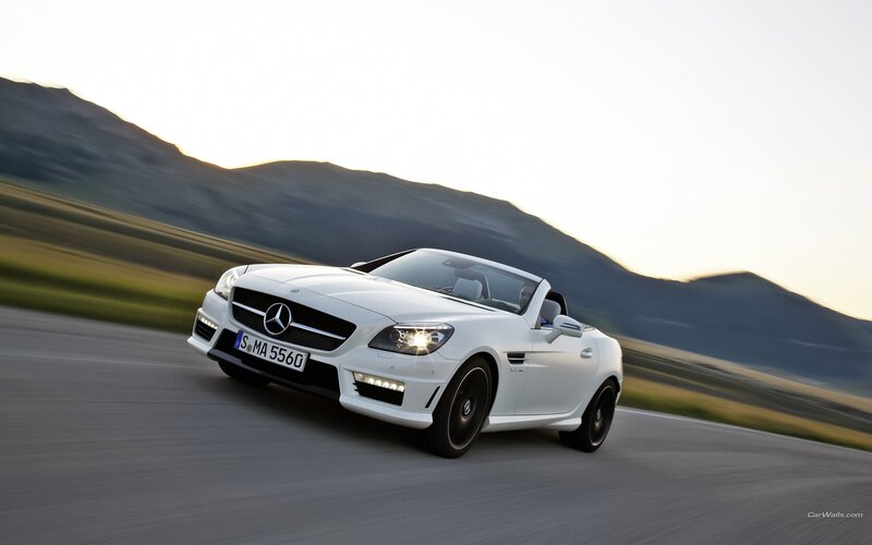 White Convertible Car — Dynamic, Sunset, Photograph, Road, Mountains, Gray