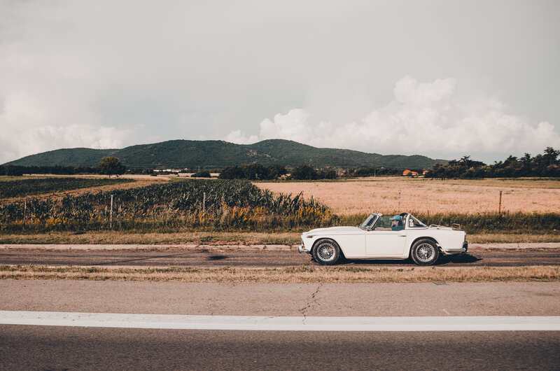 White Convertible Car — Serene, Afternoon, Photograph, Road, Field