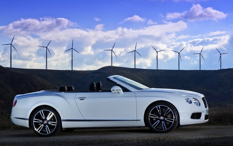 White Convertible Car — Serene, Afternoon, Photograph, Wind Turbines