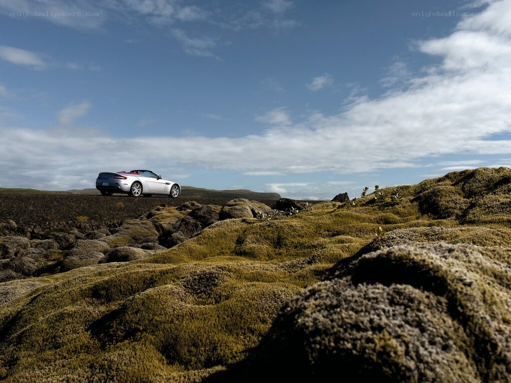 White convertible on mossy landscape