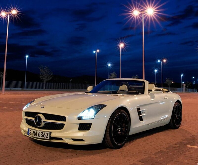 White Convertible Sports Car — Dramatic, Night