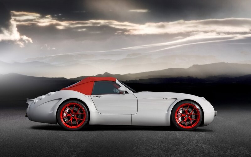 White Convertible Sports Car — Dramatic, Sunset, Photograph, Red Wheels, Mountains, Clouds