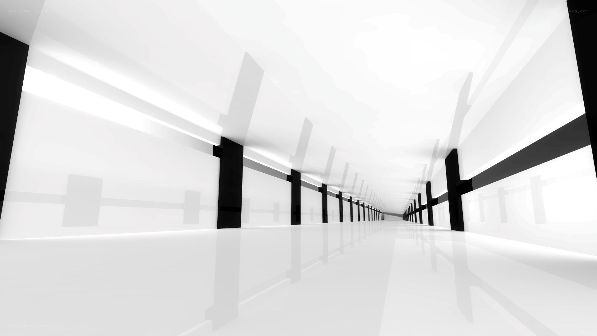 white corridor with black pillars