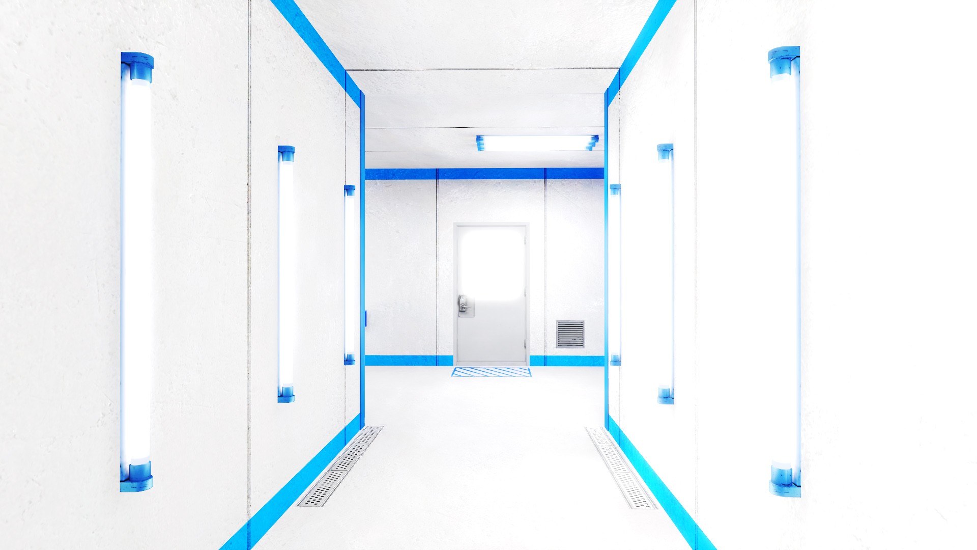 white corridor with blue accents
