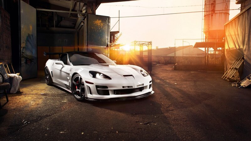 white corvette at sunset