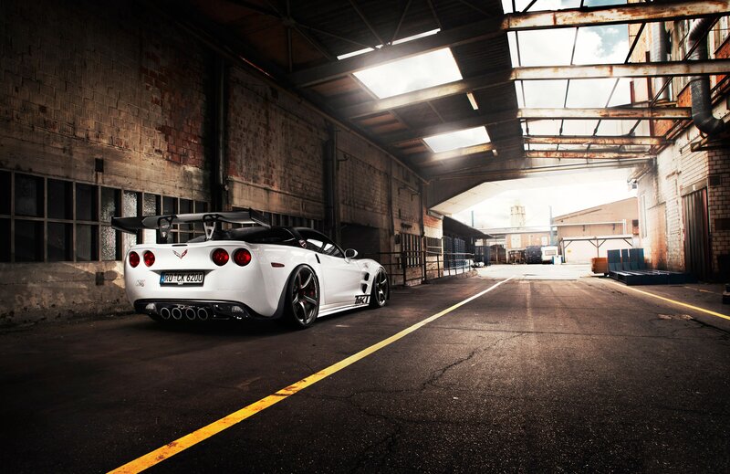 White Corvette in warehouse
