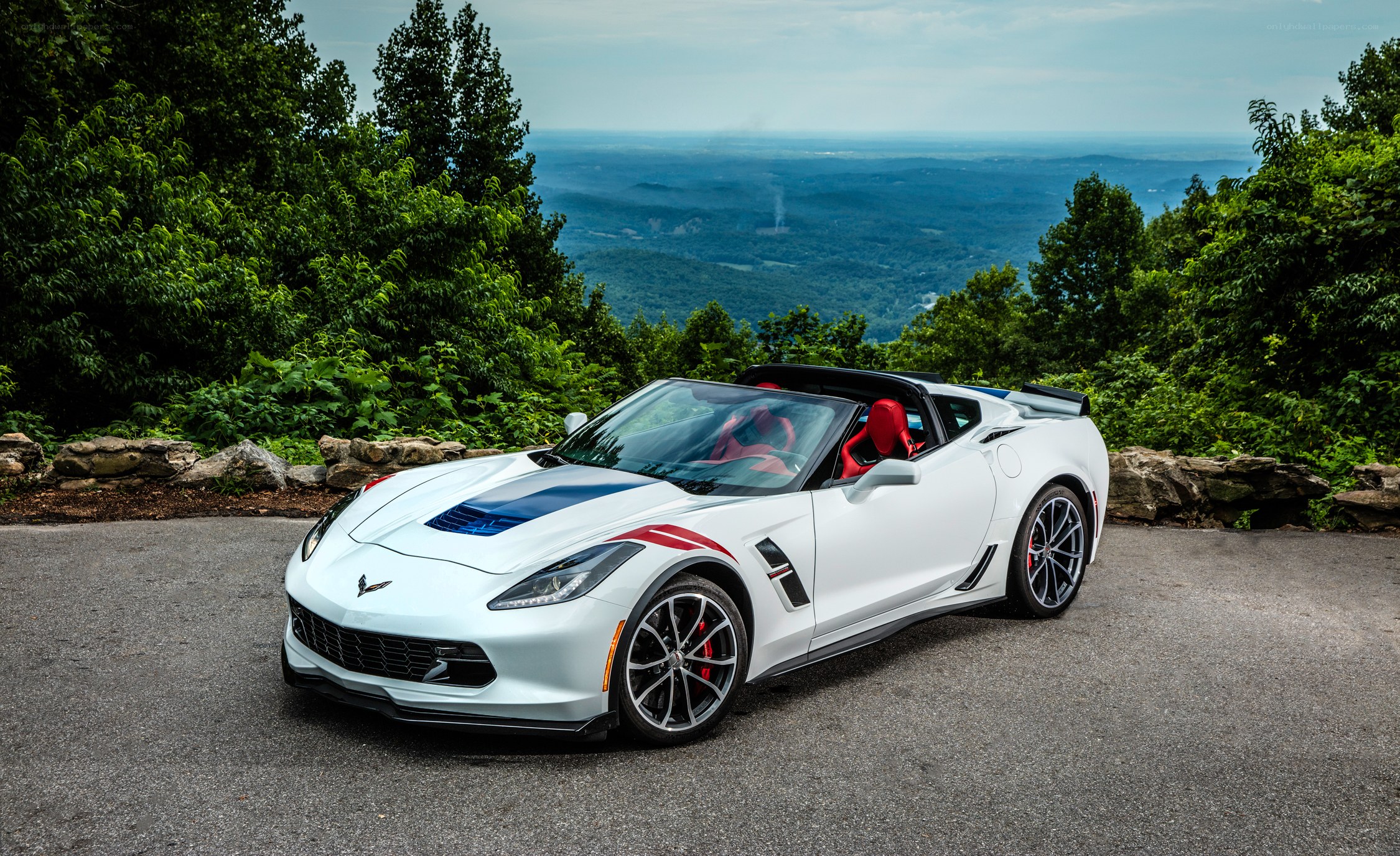 White Corvette on a mountain overlook