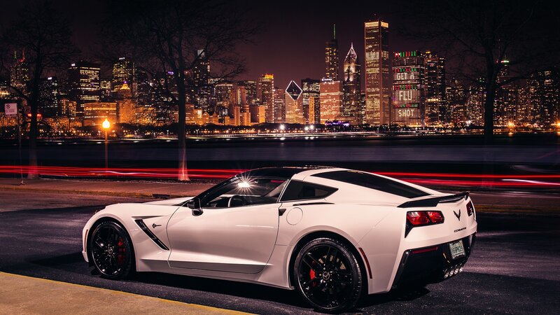 White Corvette Sports Car — Dramatic, Night