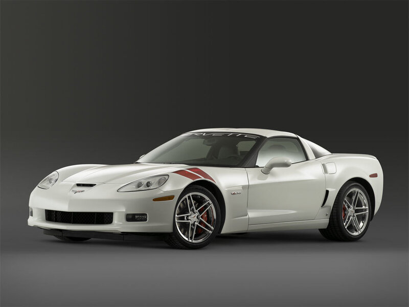 White Corvette Sports Car — Dramatic, Photograph, Red Stripes, Silver Wheels