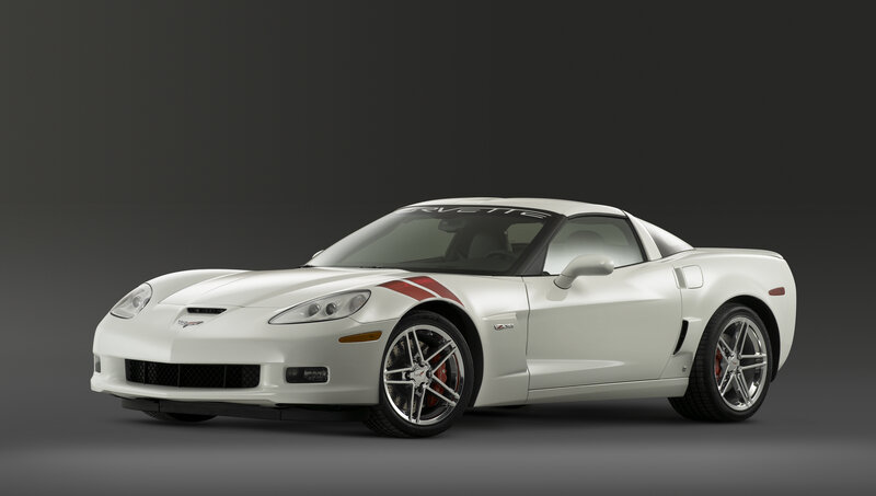 White Corvette Sports Car — Dramatic, Photograph, Red Stripes