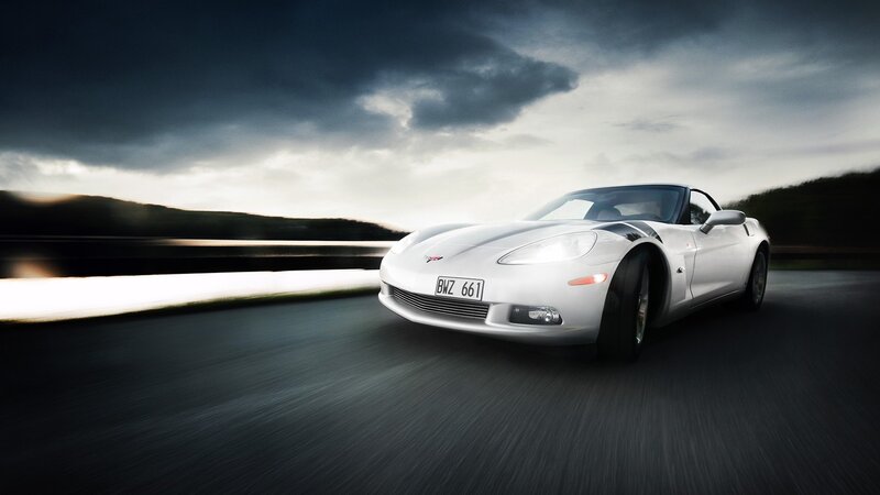 White Corvette Sports Car — Dramatic, Sunset, Photograph, Road