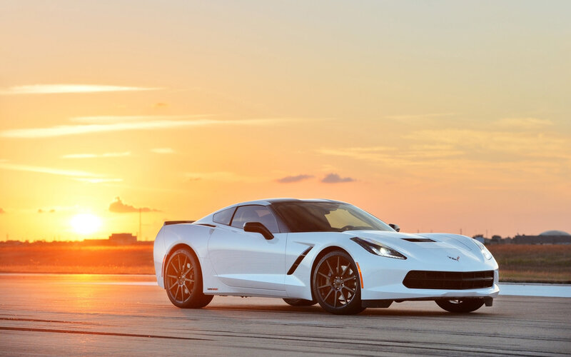 White Corvette Sports Car — Dramatic, Sunset, Photograph