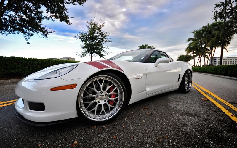 White Corvette with racing stripes