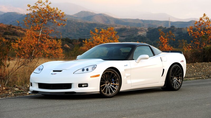 White Corvette ZR1 on a scenic road
