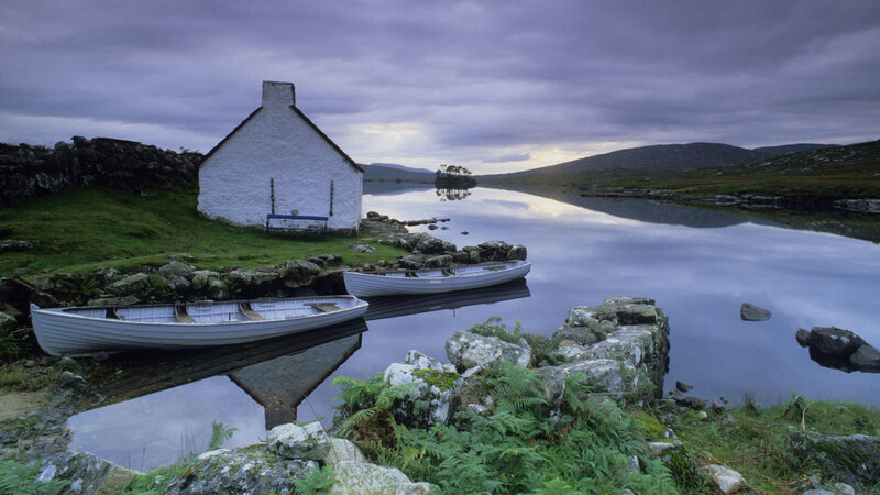 White Cottage by Lake — Blue, Serene, Sunset