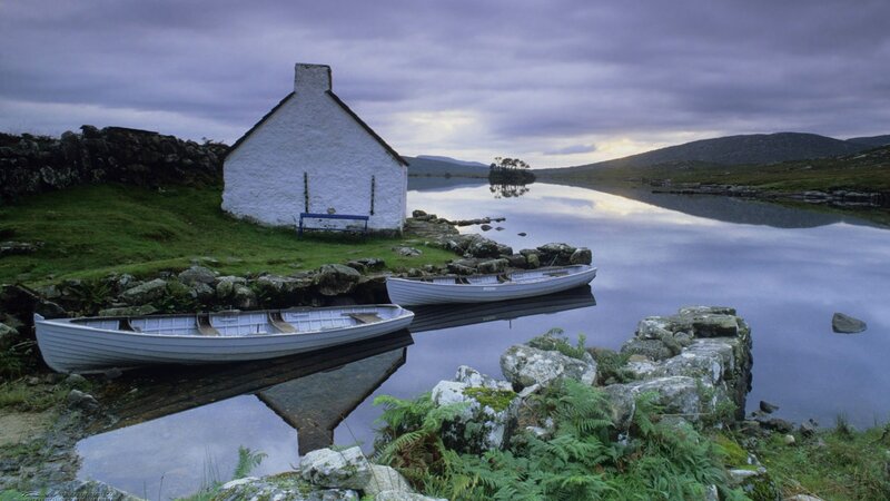 White Cottage by Lake — Blue, Serene