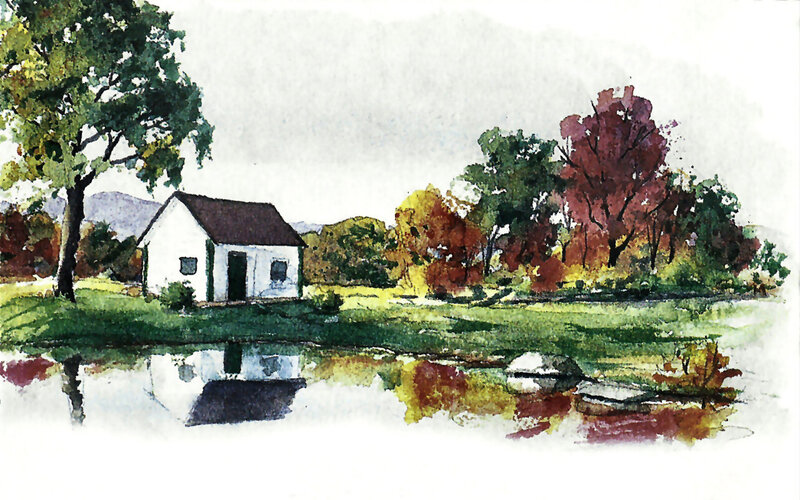White Cottage by Pond — Green, Serene