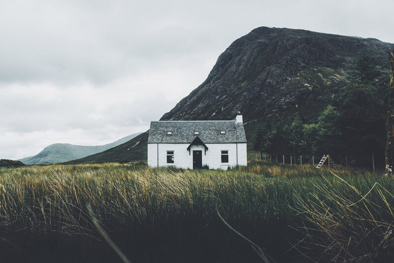 White Cottage in Field — Green