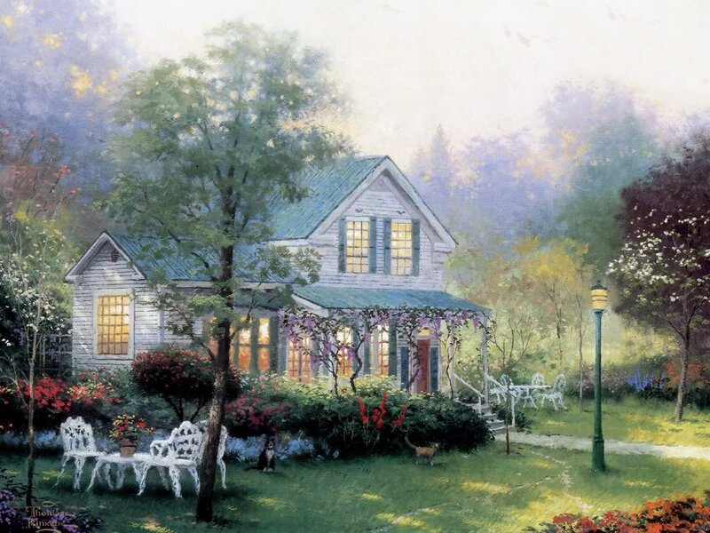 White Cottage in Garden — Green, Serene