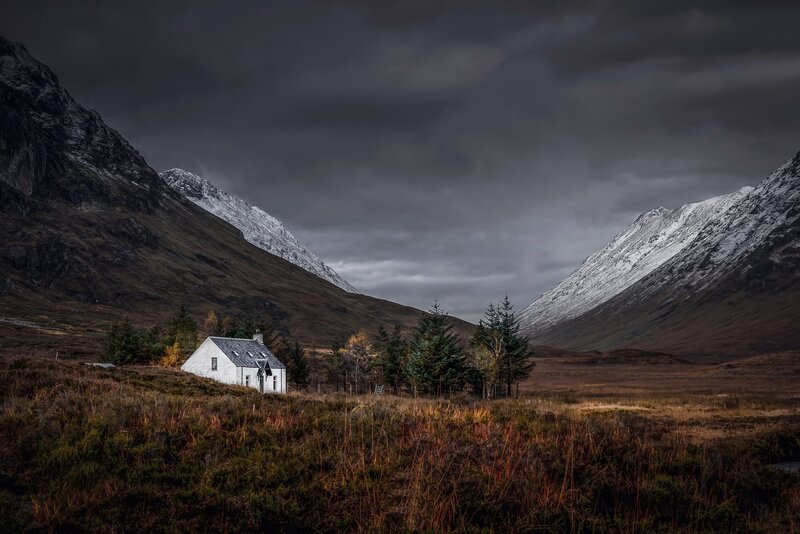 White Cottage in Valley — Gray