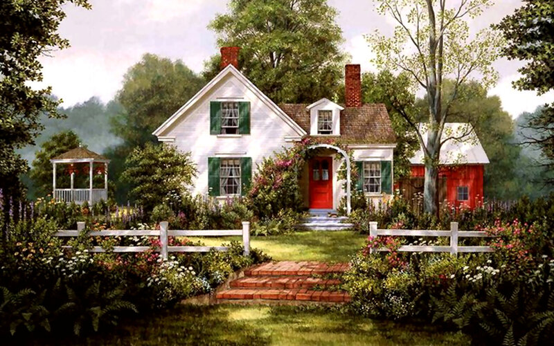 White Cottage with Red Door — Serene