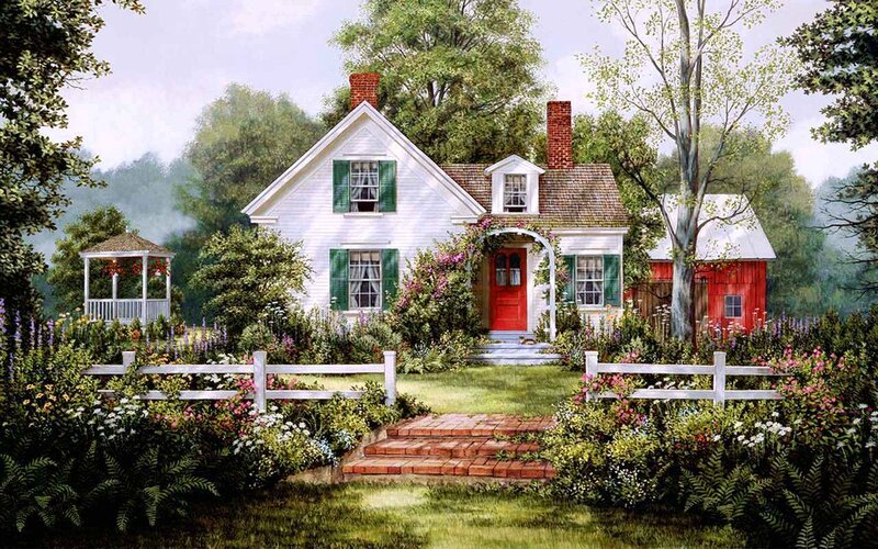 White Cottage with Red Door