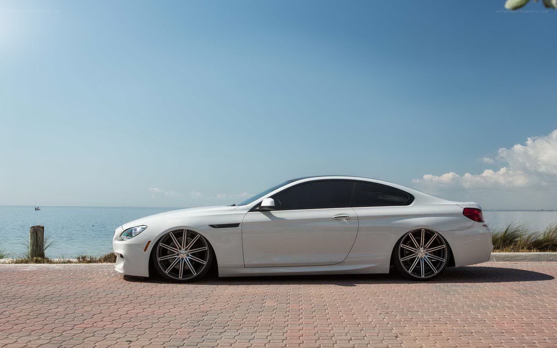 white coupe by the sea