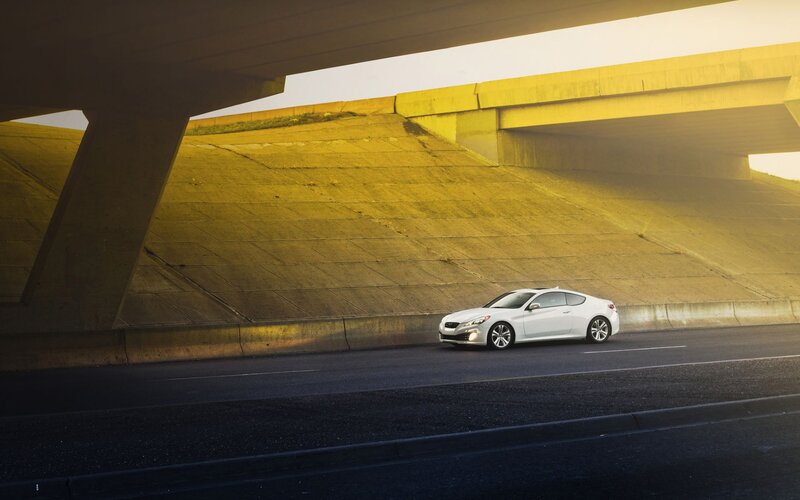White Coupe Car — Dramatic, Sunset, Photograph, Overpass