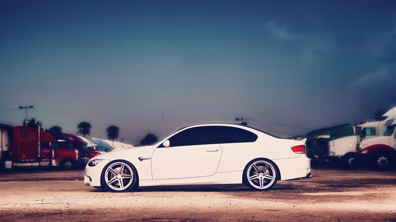 White Coupe Car — Dramatic, Sunset, Photograph, Trucks