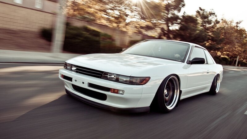 White Coupe Car — Dynamic, Sunset, Photograph, Road