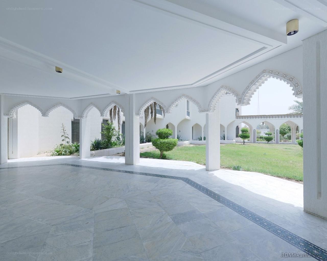 White courtyard with arches