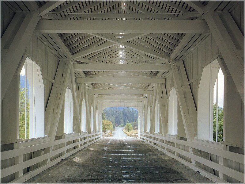 white covered bridge interior