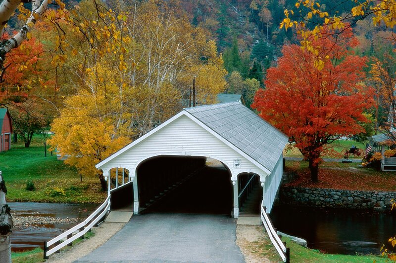 White Covered Bridge — Red, Serene, Autumn, Photograph, Autumn Trees