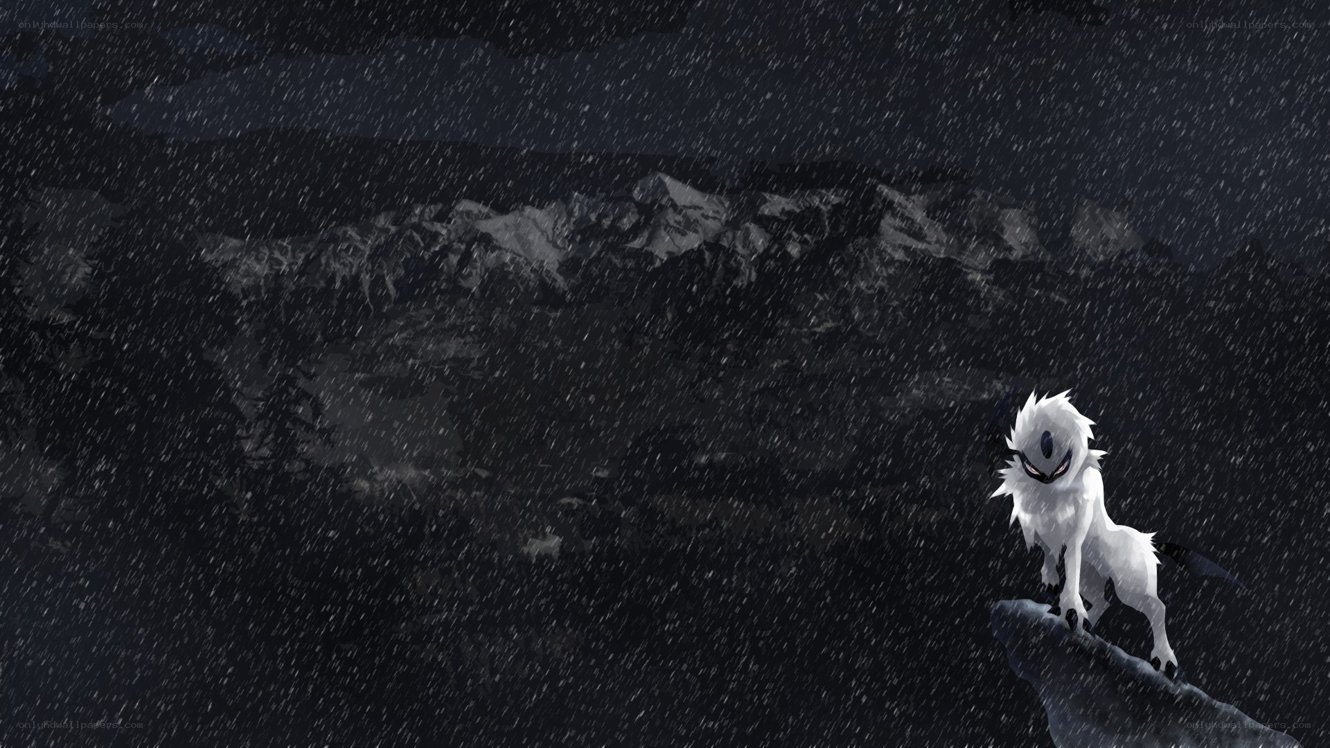 White creature in stormy mountains