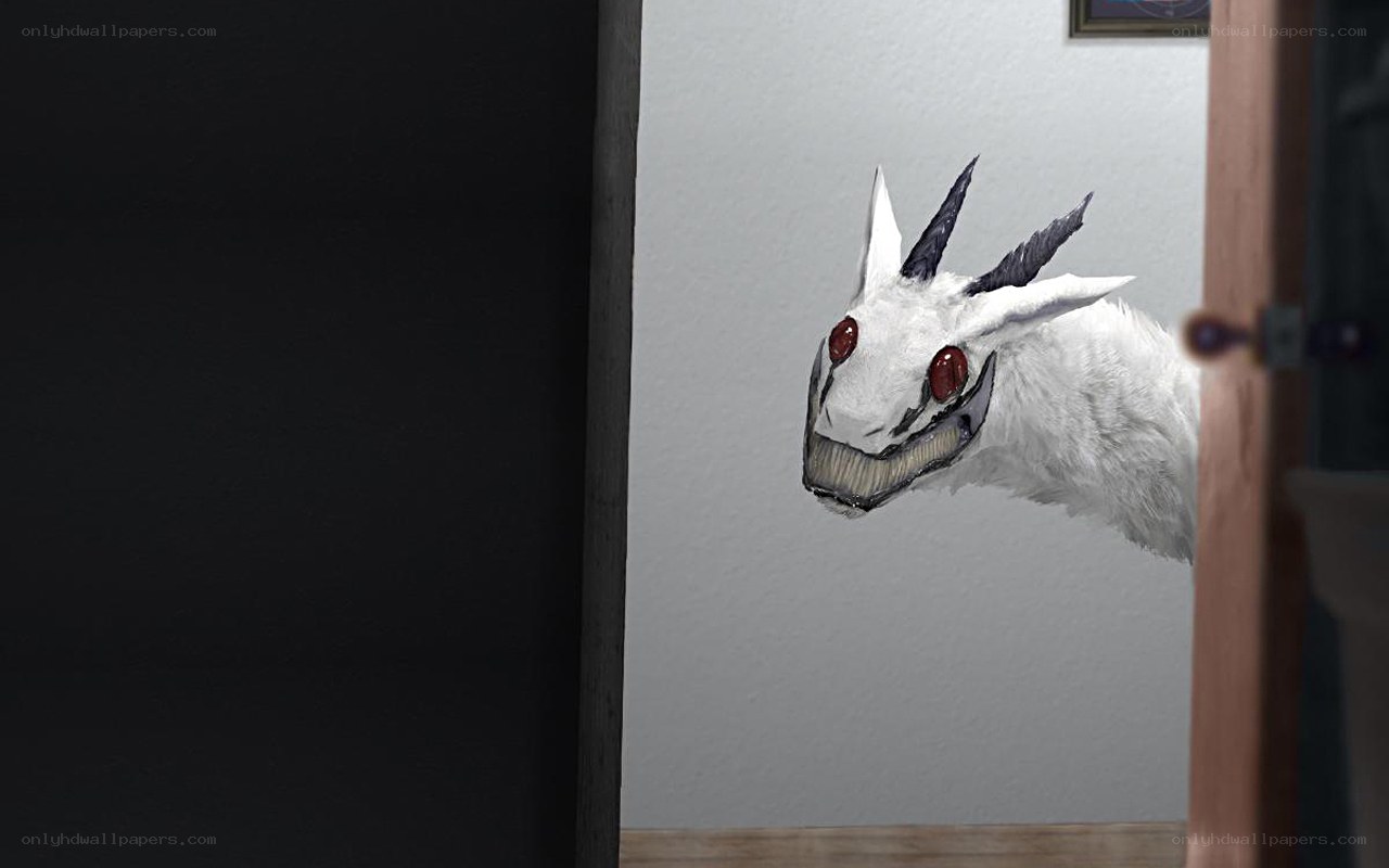 White creature peeking from doorway