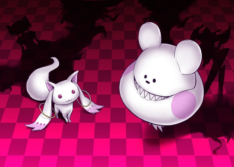White creatures on checkered floor