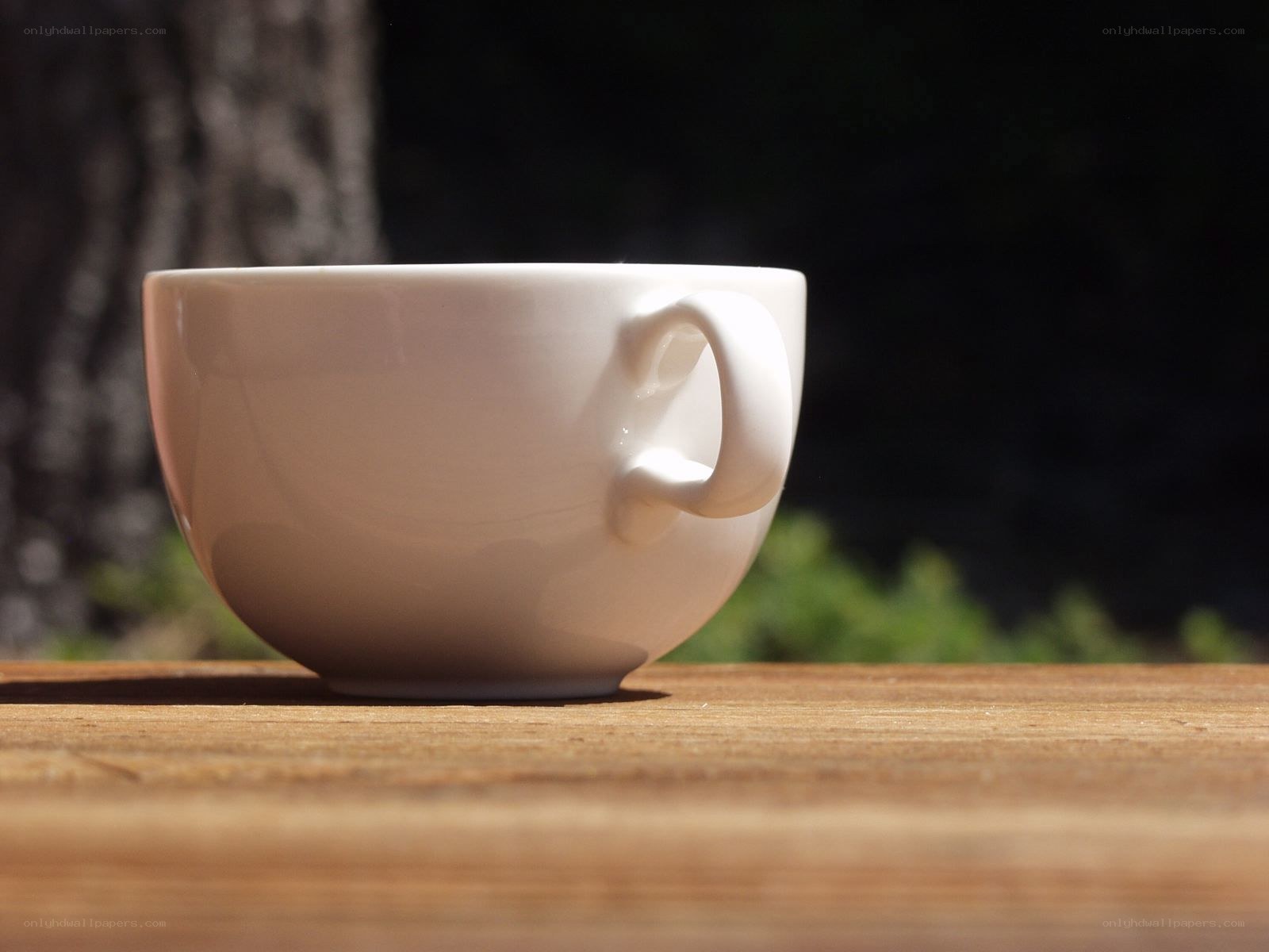 White cup on wooden table