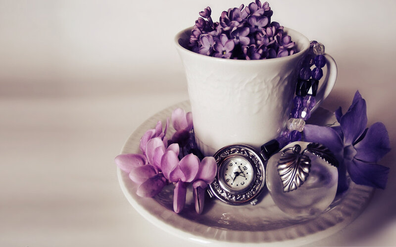 White Cup with Flowers — Purple
