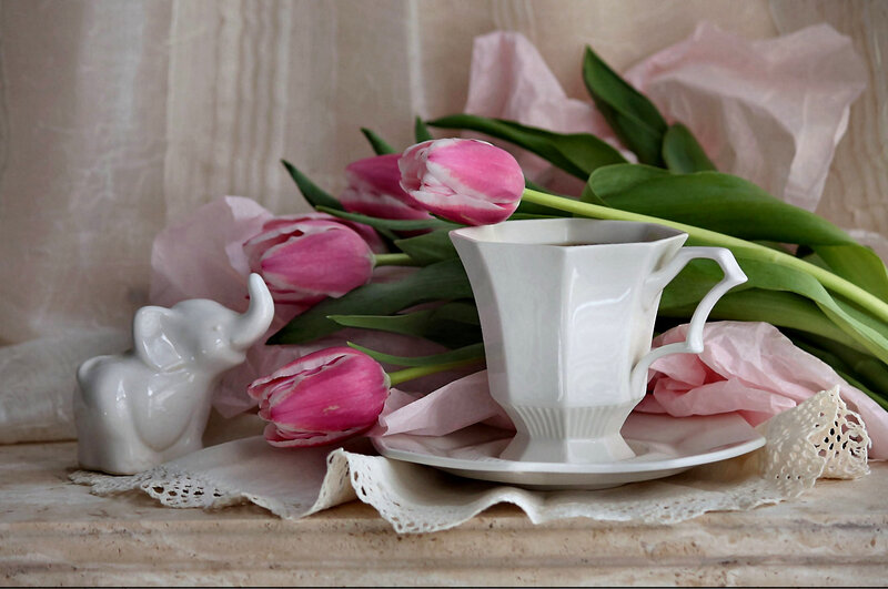 White Cup with Tulips