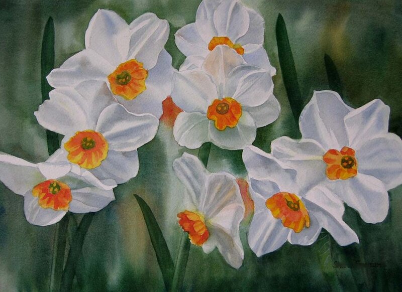 White Daffodils in Bloom — Serene, Spring, Painting