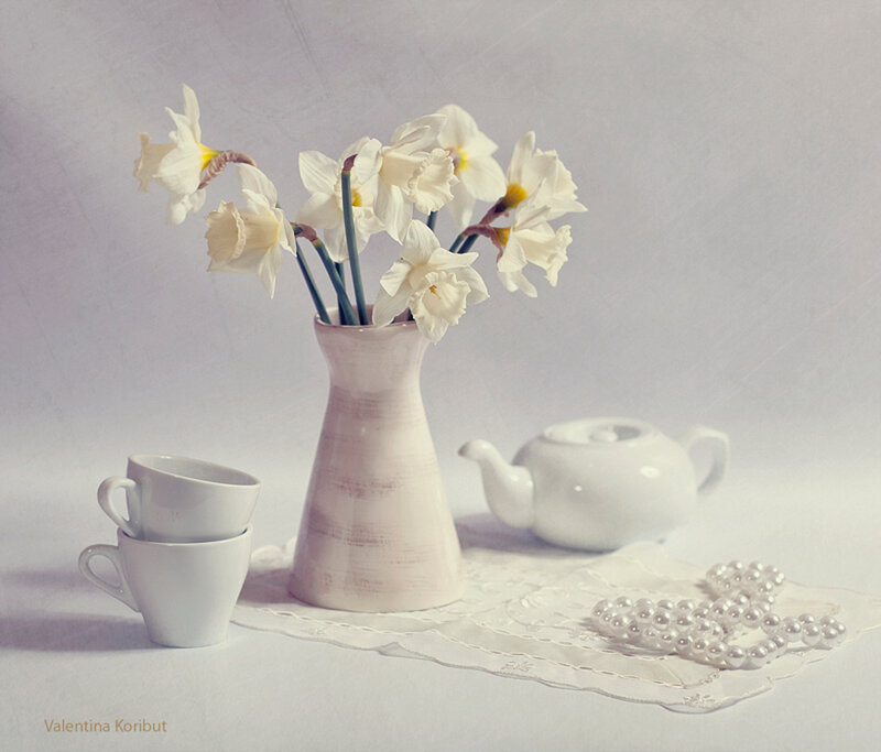 White Daffodils in Vase — Serene, Photograph