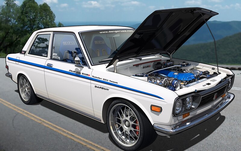 White Datsun with Blue Engine