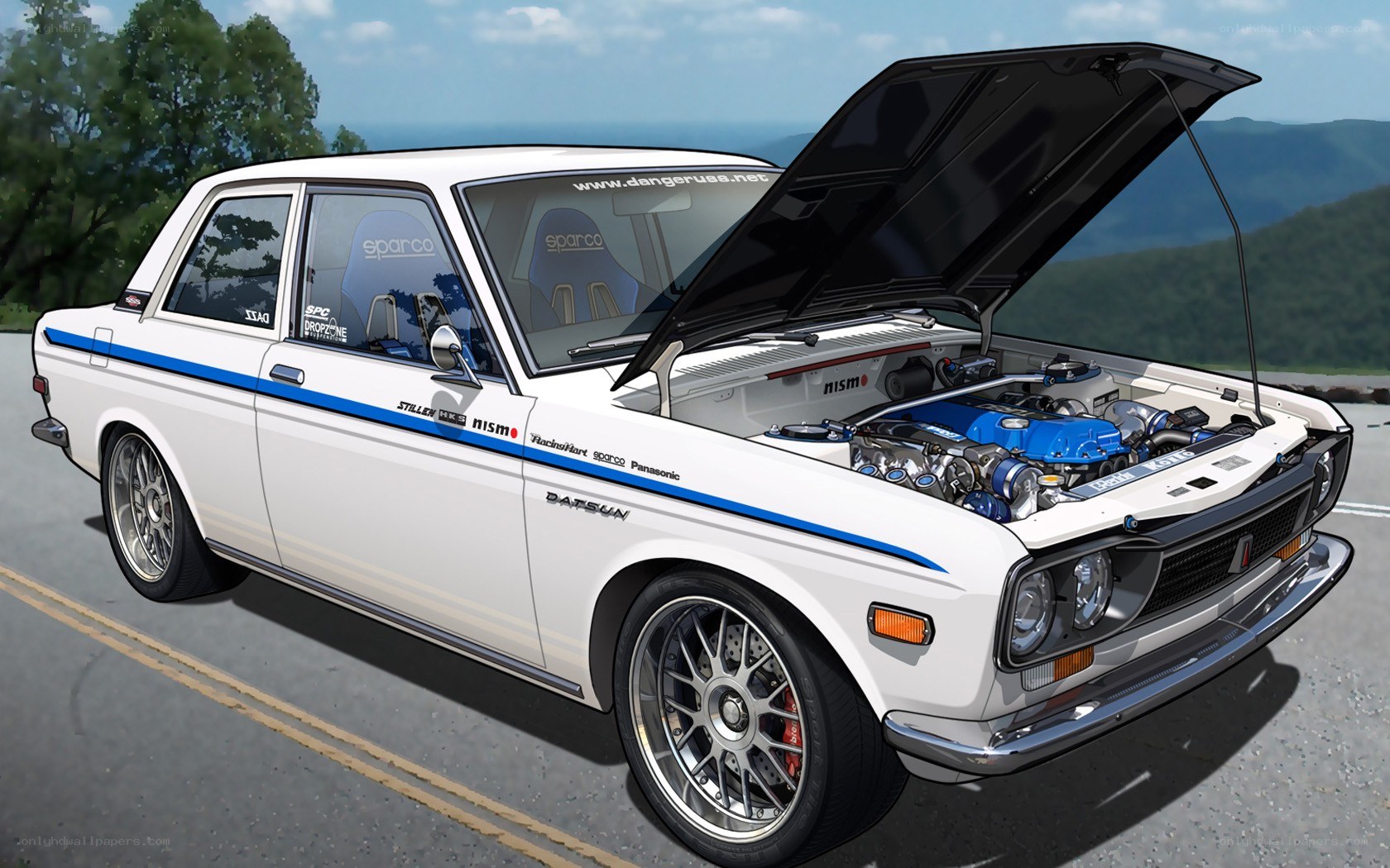 White Datsun with Blue Engine