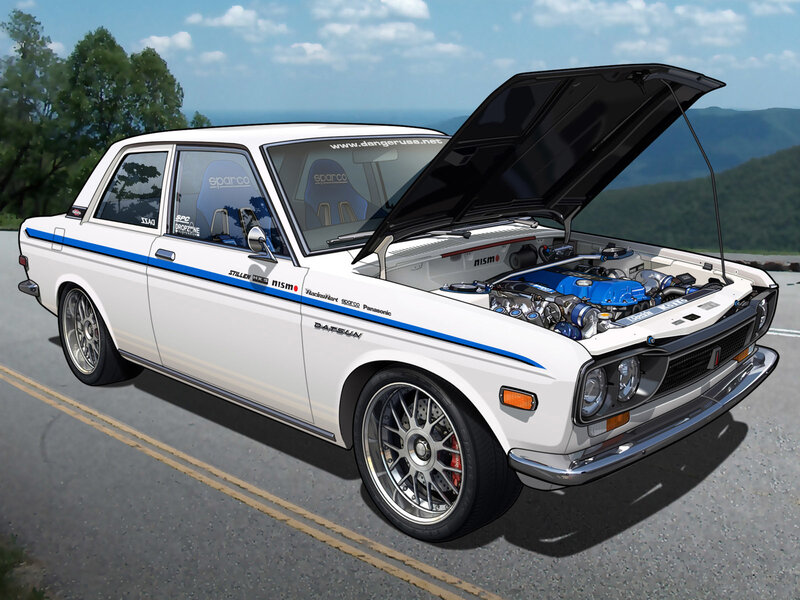 White Datsun with open hood